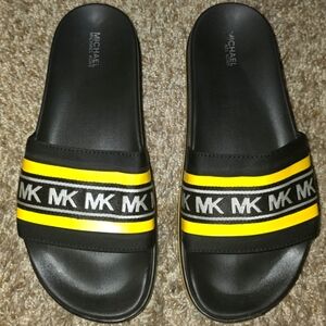 Michael Kors Black Slides Sandals with Yellow Stripes